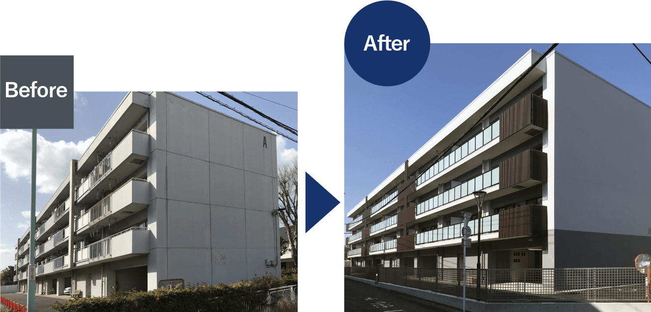 外壁（バルコニー側）のビフォア＆アフター