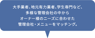 大手業者、地元有力業者、学生専門など、多様な管理会社の中からオーナー様のニーズに合わせた管理会社・メニューをマッチング。