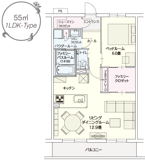 1LDK-Type 間取図