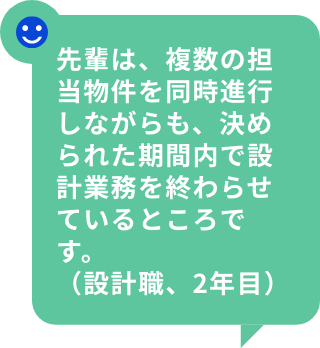 先輩は、複数の担当物件を同時進行しながらも、決められた期間内で設計業務を終わらせているところです。（設計職、2年目）